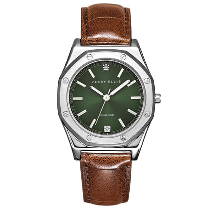 Perry Ellis Slim Diamond Leather Men’s Watch | Octagon Sunray Dial | 41 MM